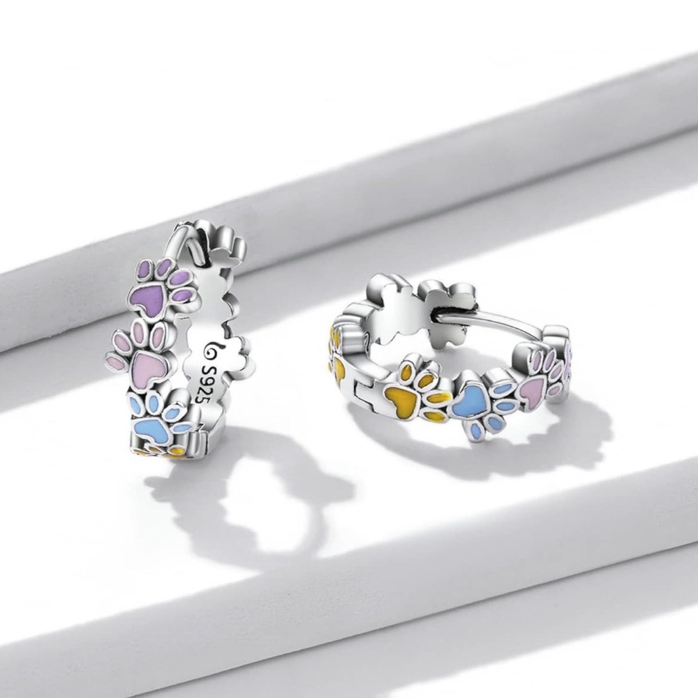 O82 - ๐พ Colorful Dog Cat Paw Footprint Earrings Sterling Silver 925 - Picture 3 of 7